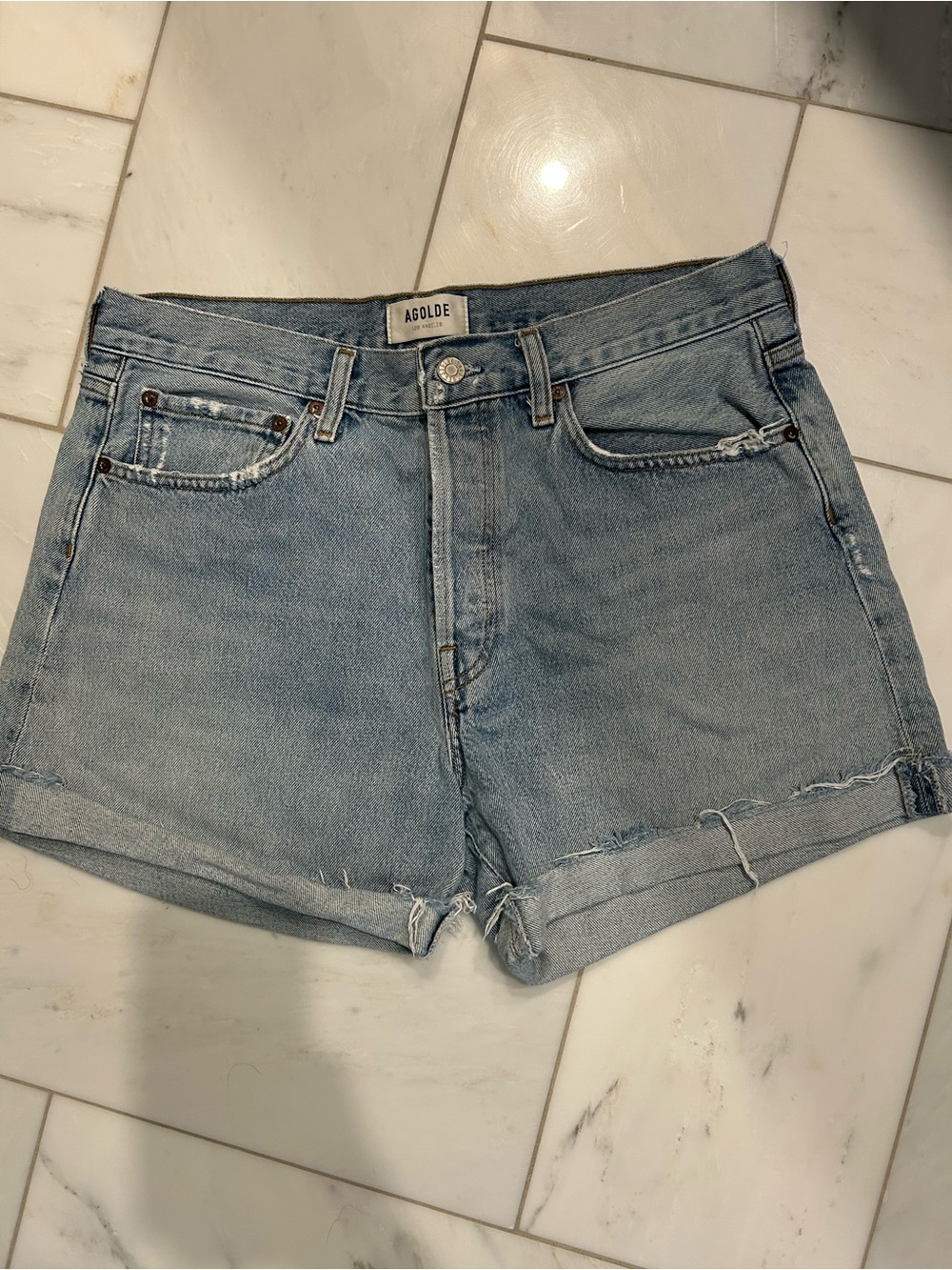 Agolde Light Wash High-Rise Denim Cutoff Shorts